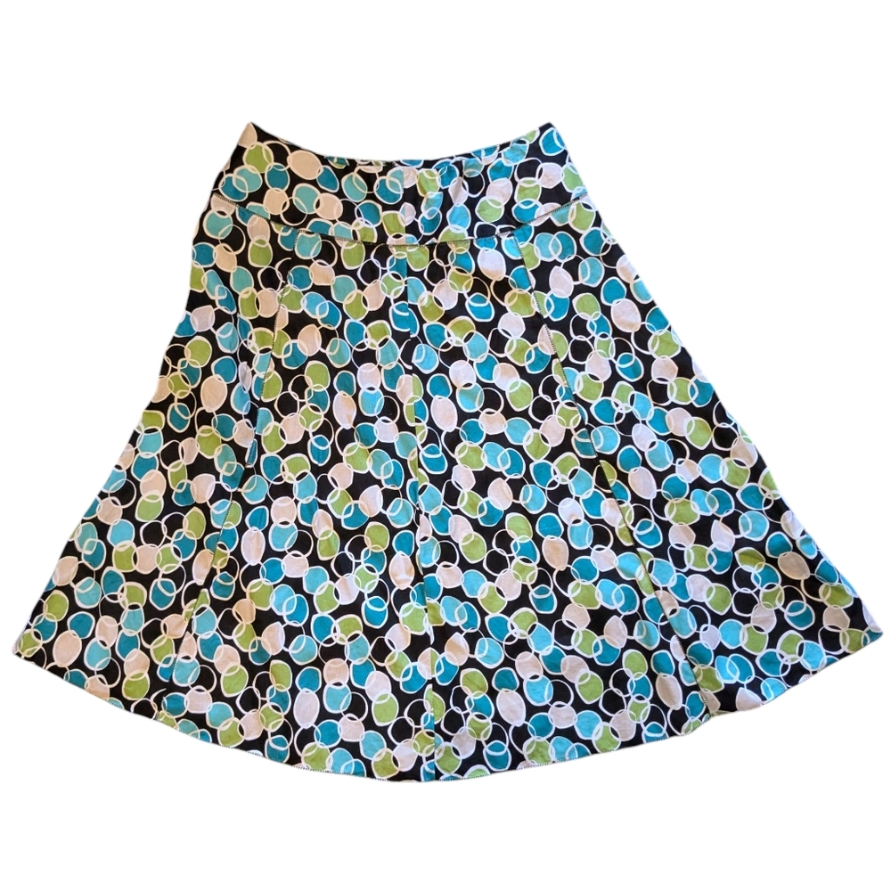 Womens Size 14 A Line Linen Midi Skirt Retro Circle Pattern Multicolor Mod Beach